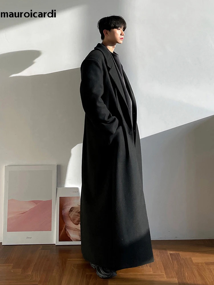Mauroicardi Autumn Winter Extra Long Warm Black Loose Casual Wool Blends Coat Men Floor Length Overcoat Korean Fashion 251028