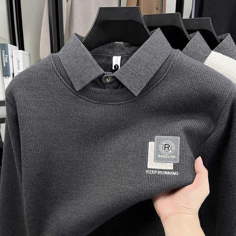 Luxury Quality Mens Knitwear O-Neck Velvet Printe Shirt Collar Pullover Autumn Winter Versatile Fashion Fake Two Piece MenswearT251103