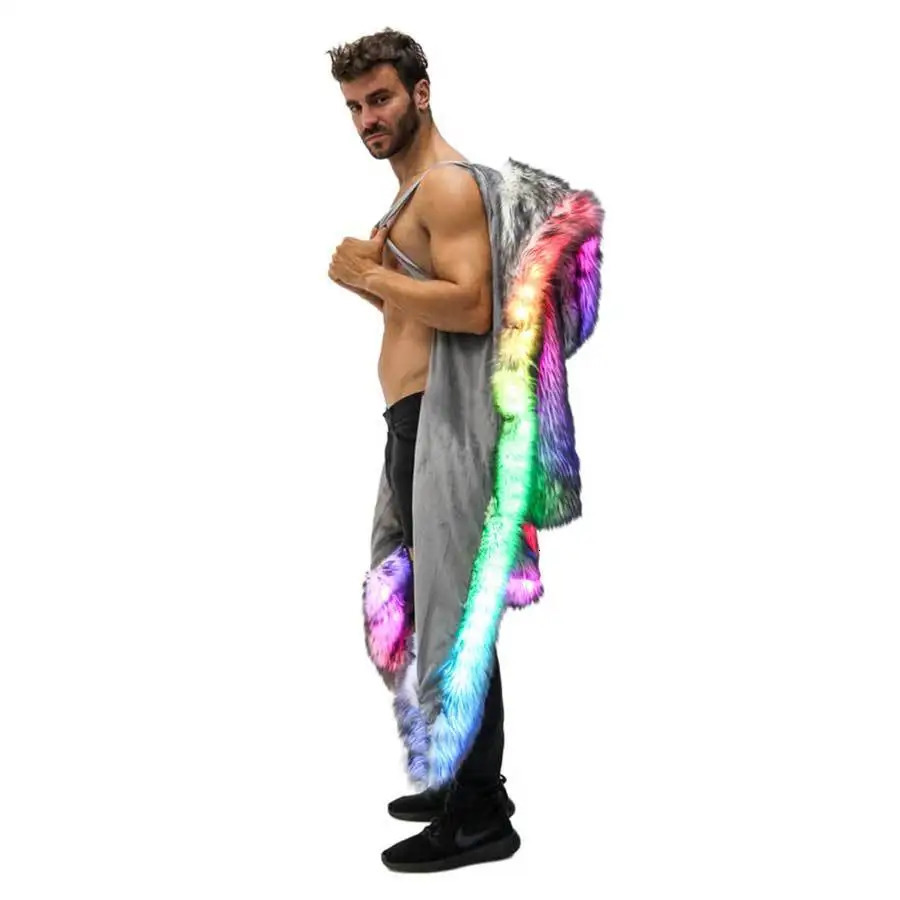 Faux Fur Coat Men Hooded Outerwear Comfortable Thick Winter Warm Long Jacket LED Stage Dance Party Cosplay Costume Overcoat 251018