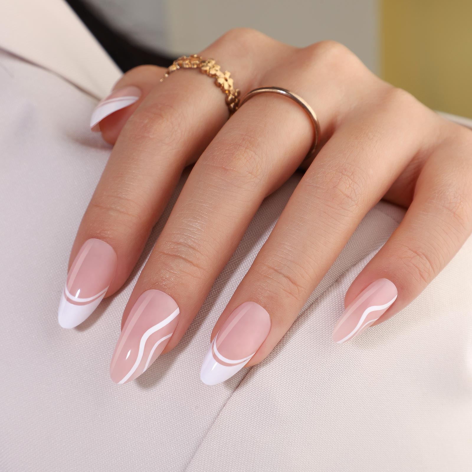 paired with white french border and white thread press on nails gentle and elegant suitable for girls and women to wear daily