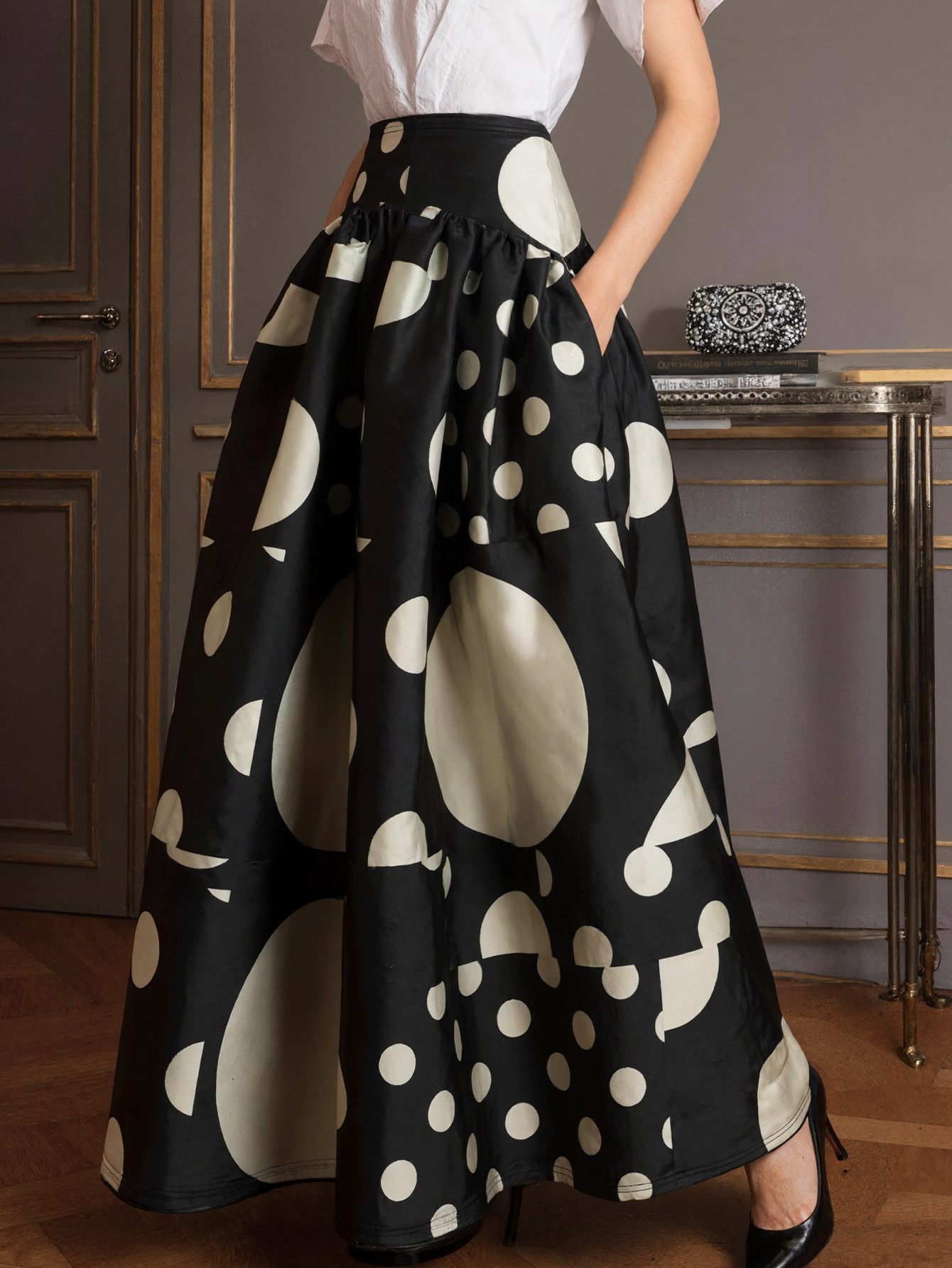 Women's Autumn & Winter New Fashion Commute High - Waist Midi Skirt, Geometric Printed Milk Silk Skirt-CF56229