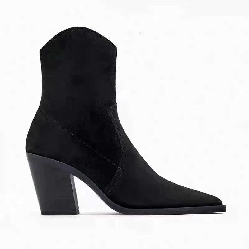 Womens Brown Suede Ankle Boots Pointed Toe Block Heel Side Zipper Wern Style Stylish Comfortable AutumnWinterXJ251020 - view 6