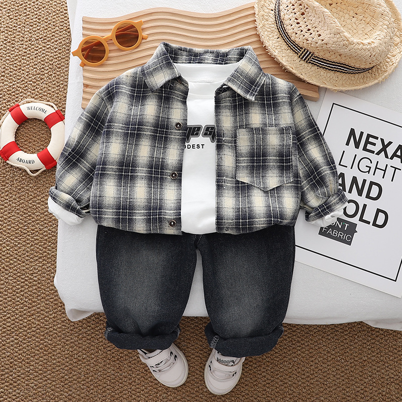 2025 new hot selling western-style checkered shirt, handsome and fashionable casual pants for little boys, three piece set for boys, free shipping des