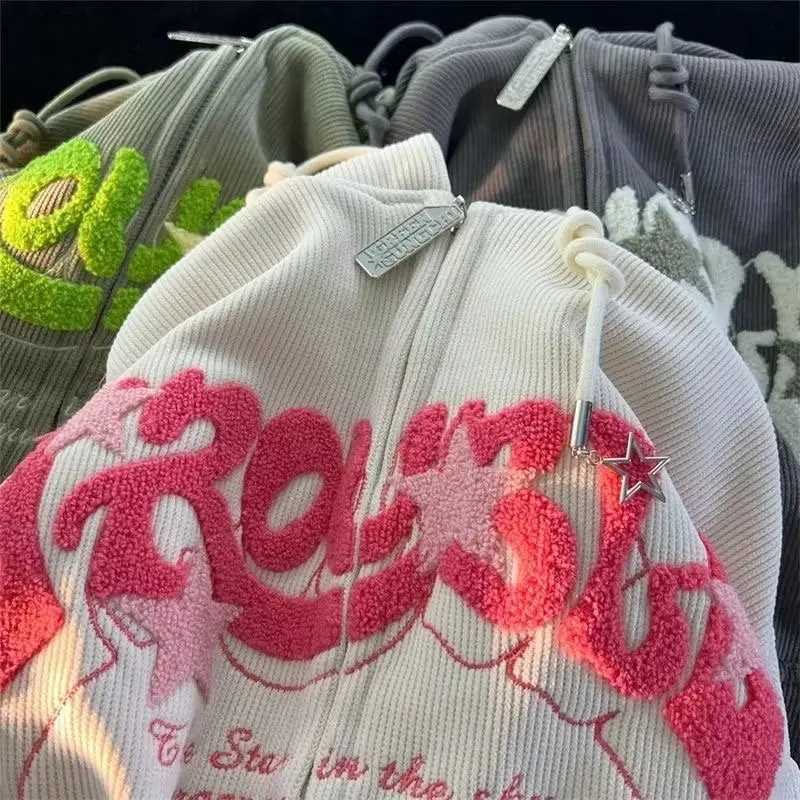 Plus Size XL3XL Corduroy Embroidery Loose Hoodies Women Sprring Autumn Long Sleeve Zipper Hood Shirt Harajuku Y2K Sweatshirt W251020