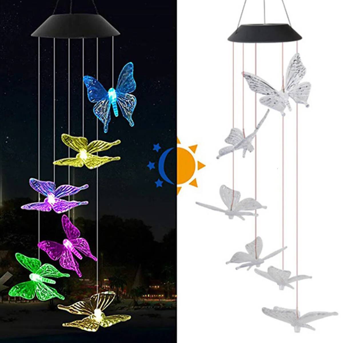 Butterfly Solar Wind Chime 120mAh Multicolor Light Waterproof Chandelier with Bell for Garden Home Yard Lawn Decoration ddmysept