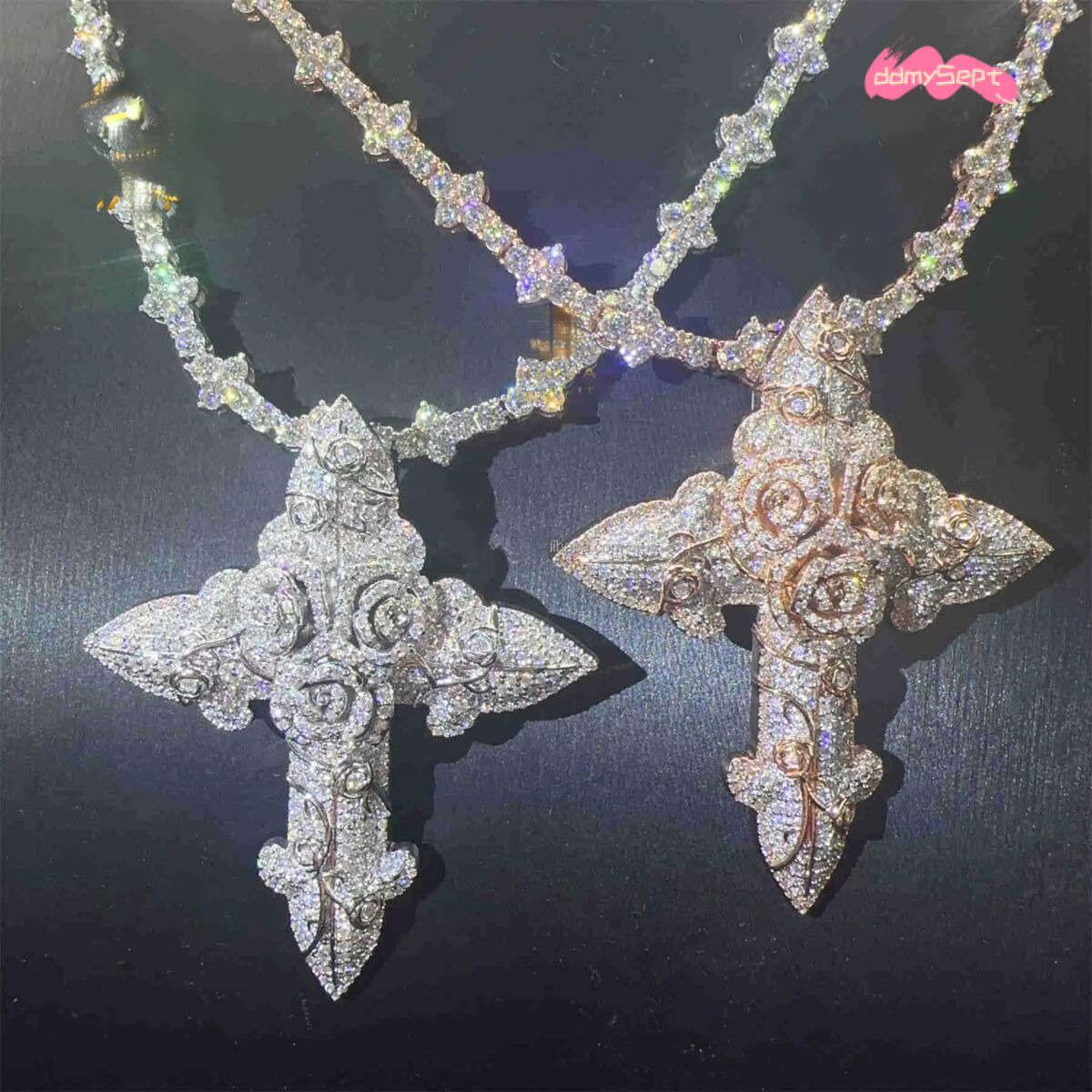 Fashion Man Jewelry Gold Color Hip Hop Dia Rose Flower Cross Pendant Necklace Set ddmysept