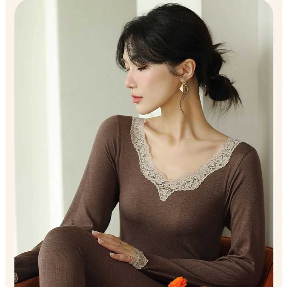 Womens Thermal Underwear Set Winter Clothes For Women Intimates Lingerie Long Johns Seamless Wool Lace Bottoming Shirt LeggingsT251020