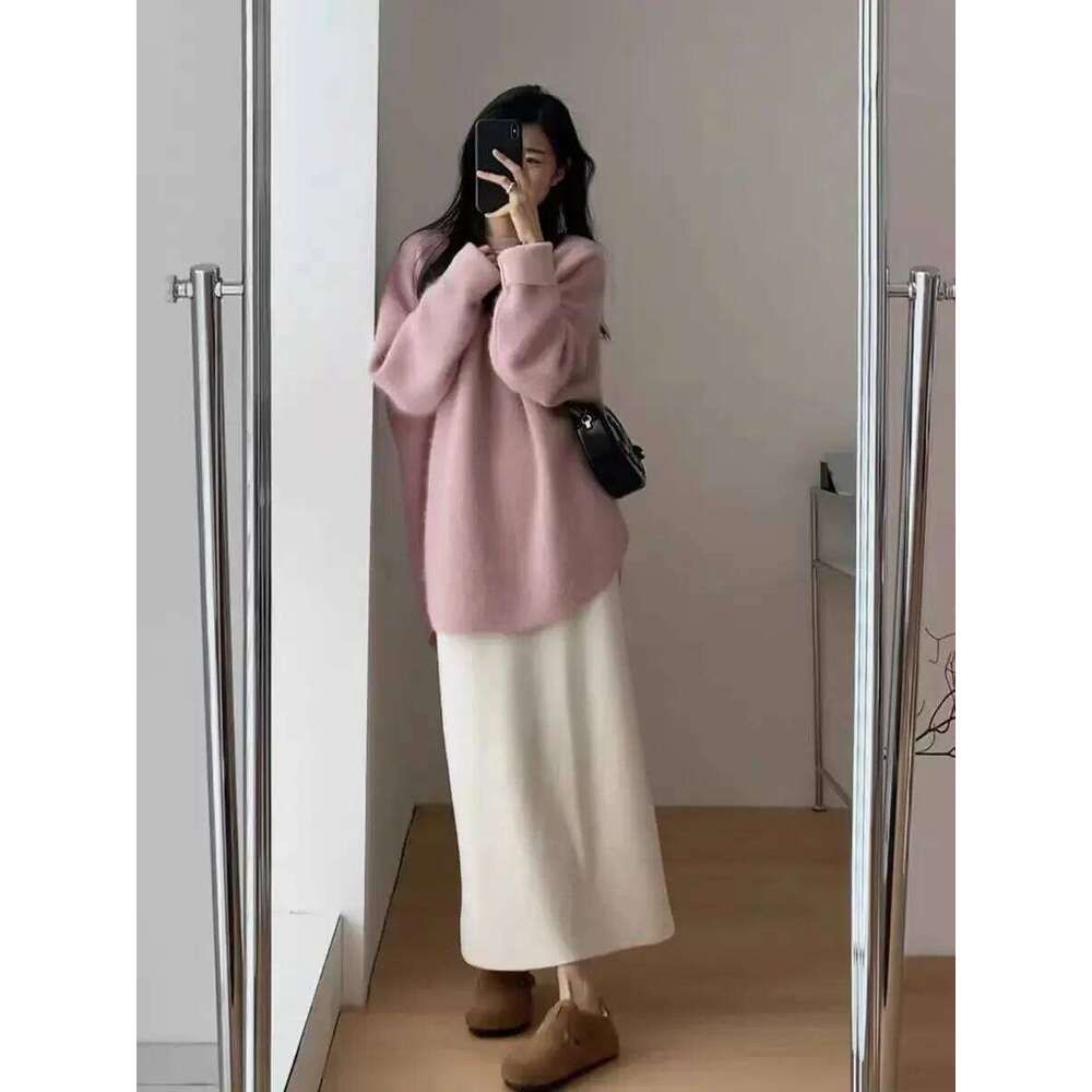 Women's Lazy Kaze Jun Mountain Cashmere Sweater Round Neck Loose Long Hem Split Skirt Thickened Knitted Bottoming Shi 251020 251020
