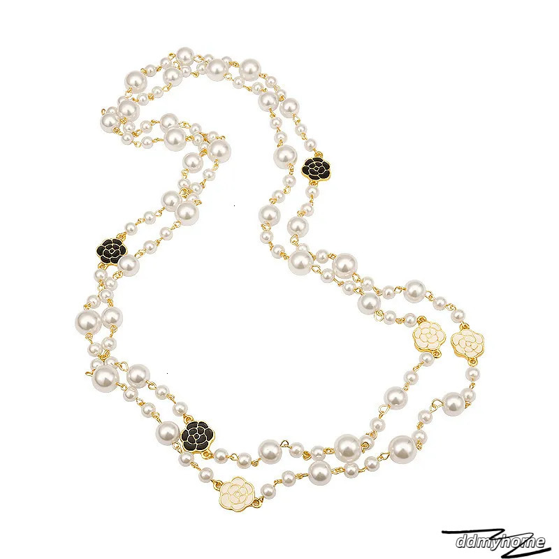 Elegant Long Necklace With Camellia Flower And Pearl Accents - Double Layer Fashion Jewelry For Women Ddmyhome