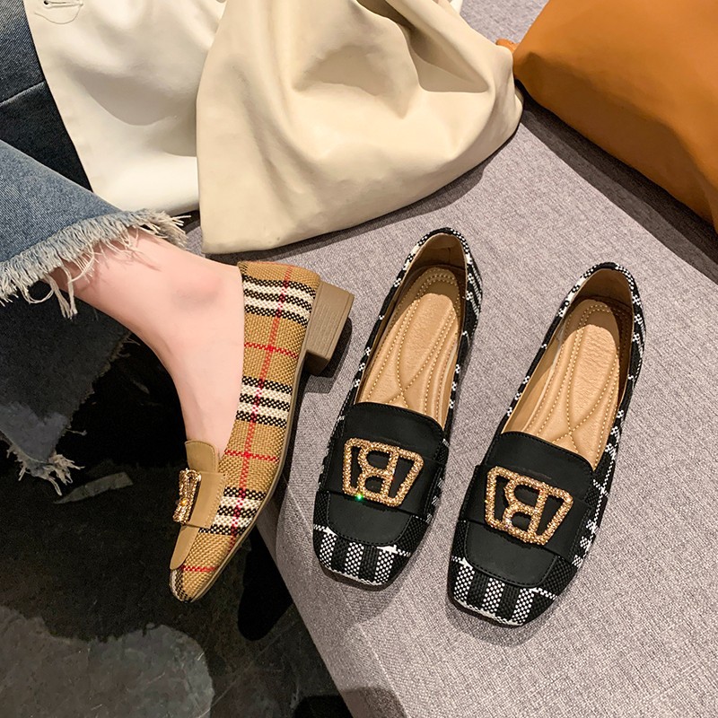 Elegant and versatile women's checkered color blocked high heels 2025 new arrivals fashionable and versatile metal buckle thick heel women's