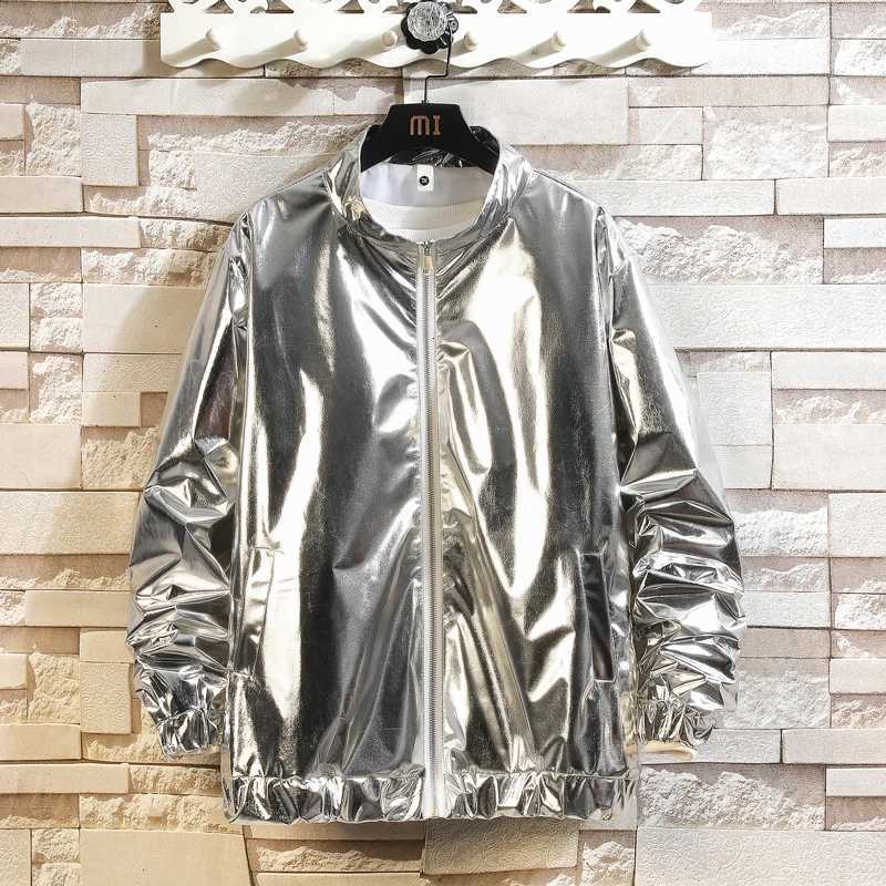 Shiny Gold Mens Stage Performance Suit Set with Loose Long Sleeve Top and Pants Silver Stylish Casual Outfit W251020
