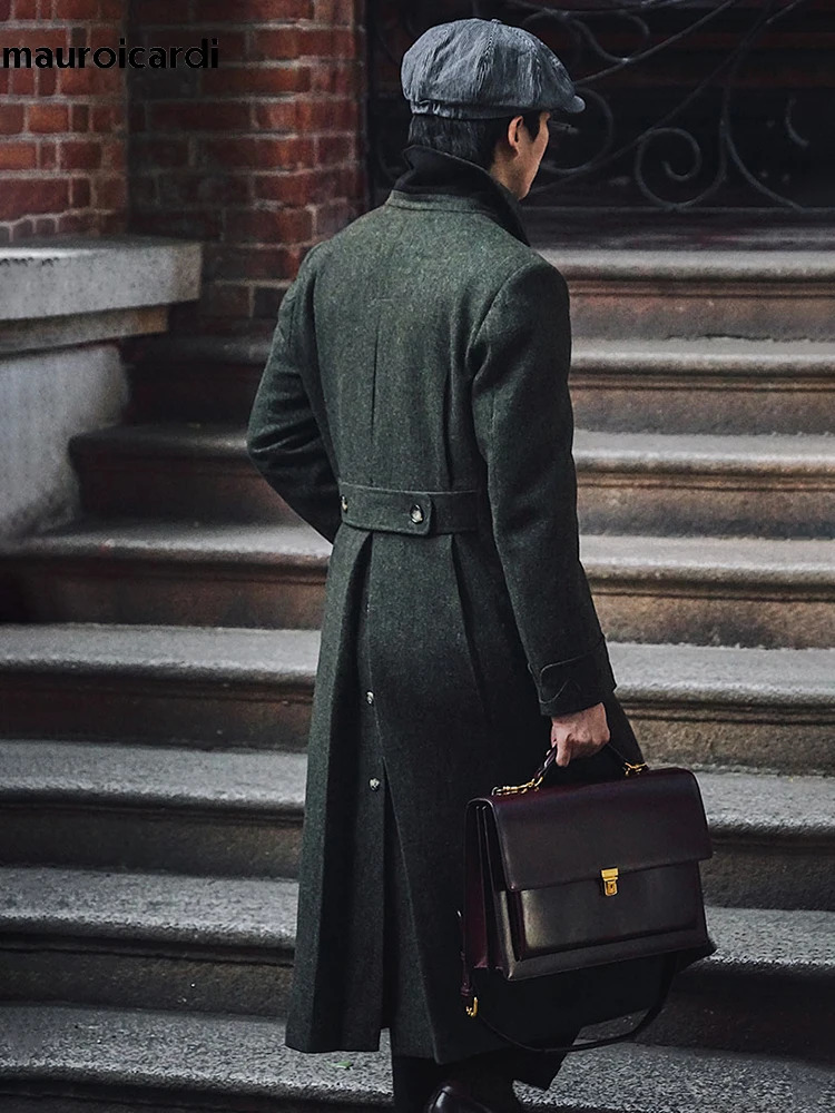 Mauroicardi Autumn Winter Long Warm Green Polo Coat Men Double Breasted Cool Elegant England Style Wool Blends Overcoat 251028