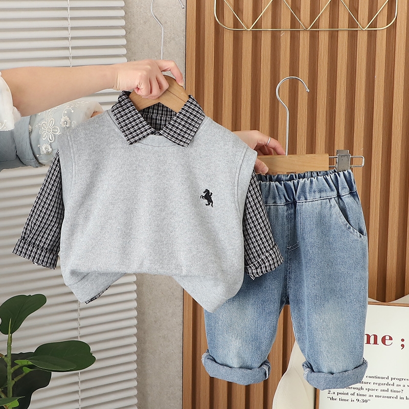 2025 New Hot selling Spring Clothing New Fashionable Baby Vest Small Grid Three piece Set Spring and Autumn Baby Trendy Boys' Set Free Shipping