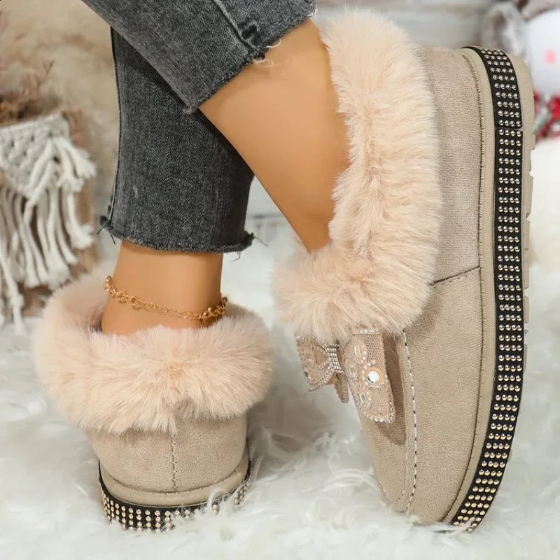 Winter Ankle Boots Womens SlipOn Fur Shoes Diamond Butterfly Knot Snow Boots Platform Pure Color Adult Womens Boots 251013