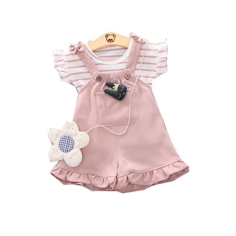 2025 New Hot selling Girl Baby Cute Stripe Short Sleeve New Small and Medium Children's Strap Short Sleeve Set Children's Two Piece Set Free
