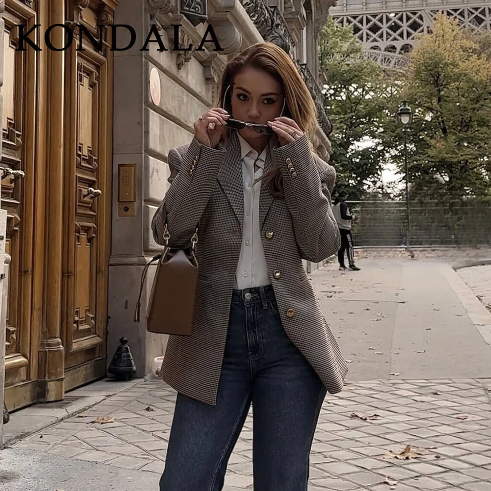 KONDALA Fall Winter Office Lady Houndstooth Women Blazer Fashion Vintage Single Breasted Elegant Shrug Button 251106