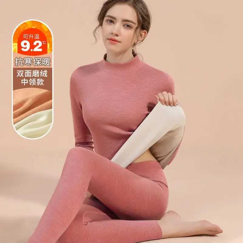 Thermal Underwear Sets for Women Midhigh Collar Winter Warmth High Stretch Base Thick Velvet Tops Trousers Seamless LingerieT251020