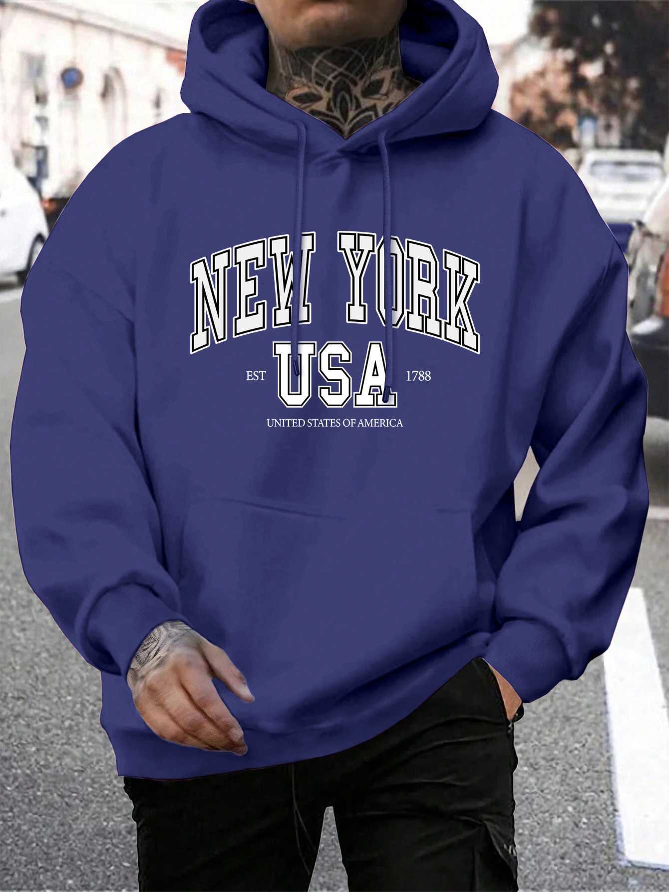 Autumn Fleece Crewneck Clothes America New York City Print Male Hoody Fashion Loose Hoodies Casual Warm Hooded Men W251020