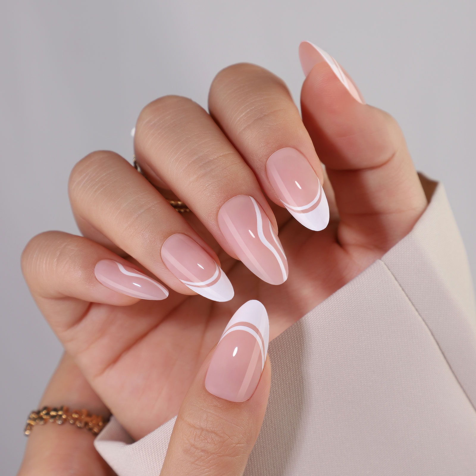 paired with white french border and white thread press on nails gentle and elegant suitable for girls and women to wear daily