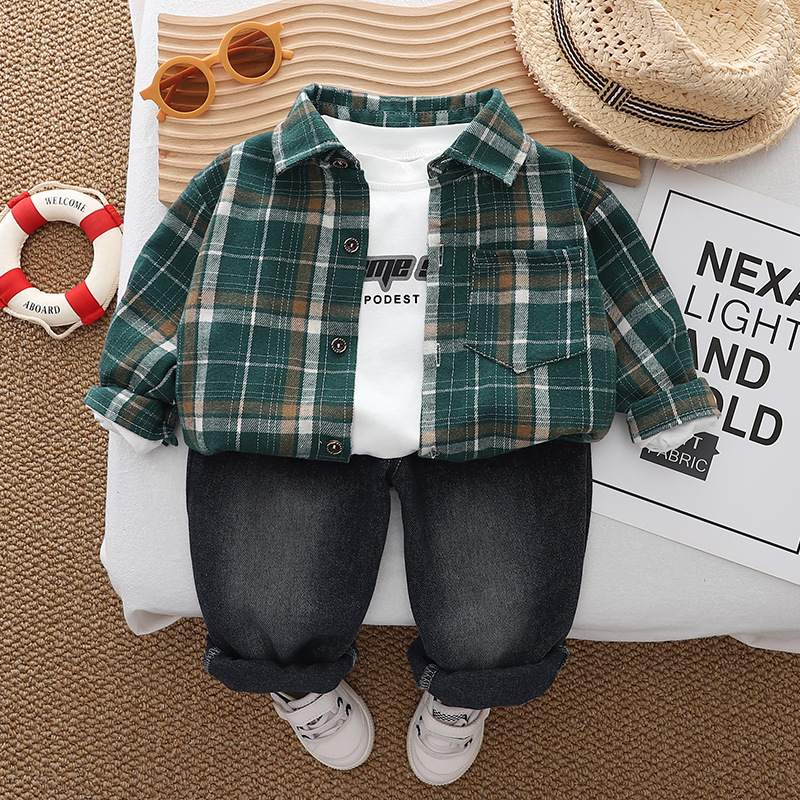 2025 new hot selling western-style checkered shirt, handsome and fashionable casual pants for little boys, three piece set for boys, free shipping des