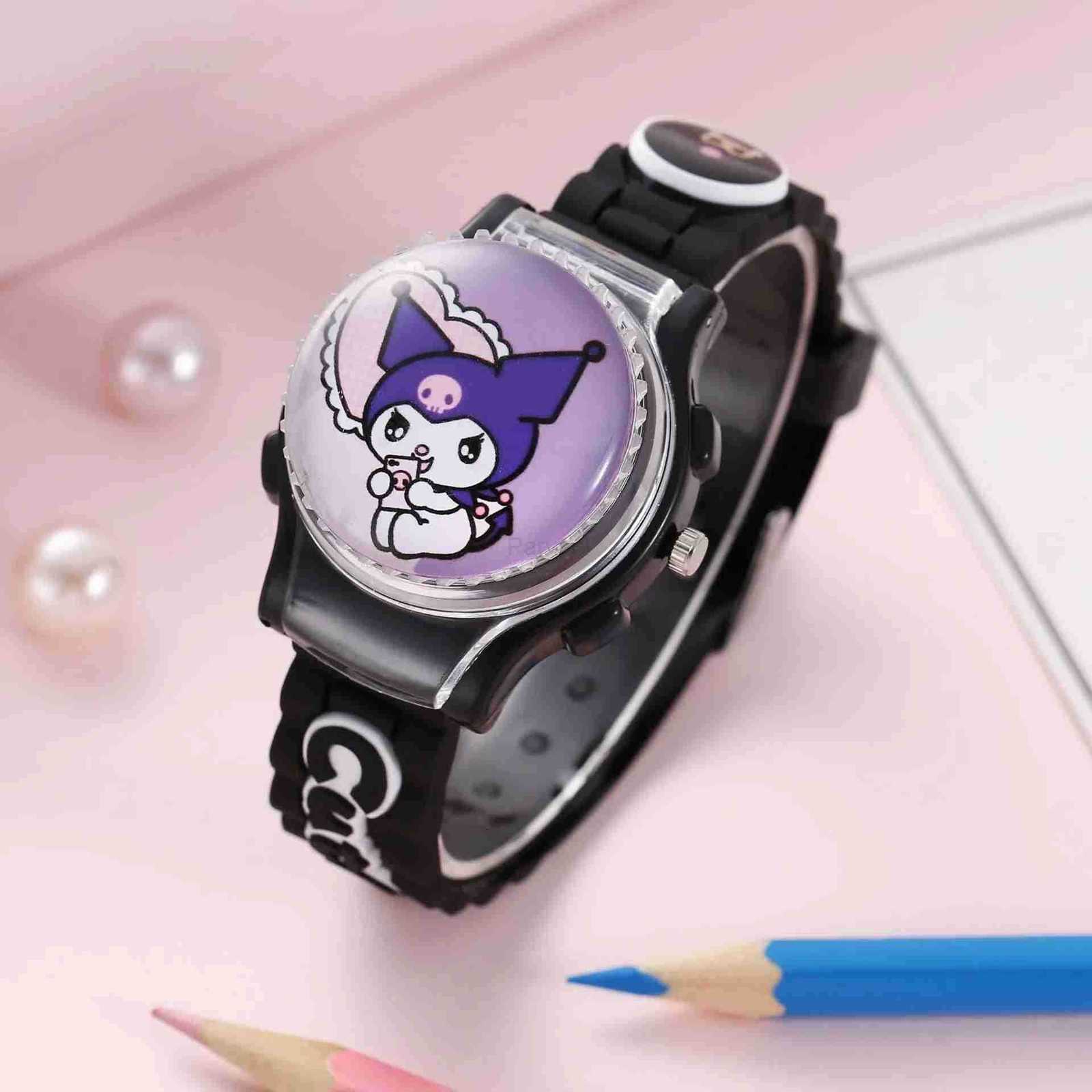 Sanrio Sanrios Cartoon Watch Anime Kuromi My Melody Cinnamoroll Watch Kawaii Crystal Patch Glowing Decompress Rotating Electronic Watch L251020
