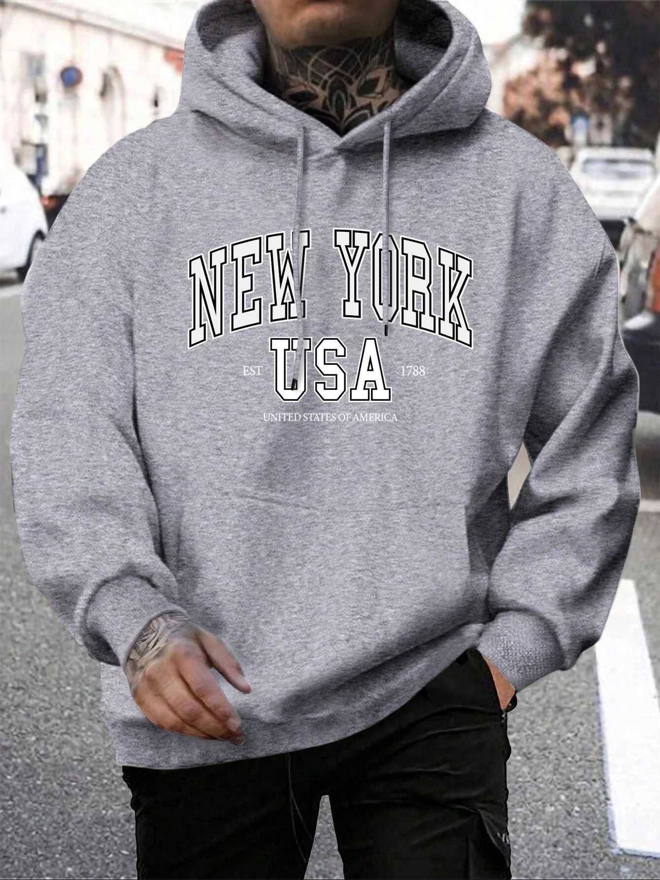 Autumn Fleece Crewneck Clothes America New York City Print Male Hoody Fashion Loose Hoodies Casual Warm Hooded Men W251020