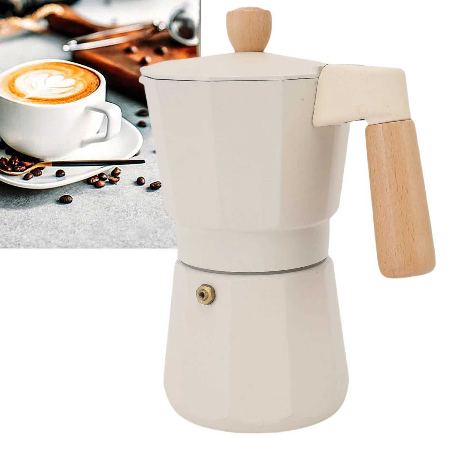 Stovetop Coffee Pot n Heat Distribution White Wooden Handle 300ML Single Valve Mocha Coffee Pot 6 Cup for Camping Stoves Y251020