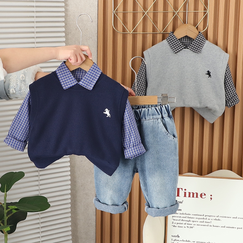 2025 New Hot selling Spring Clothing New Fashionable Baby Vest Small Grid Three piece Set Spring and Autumn Baby Trendy Boys' Set Free Shipping