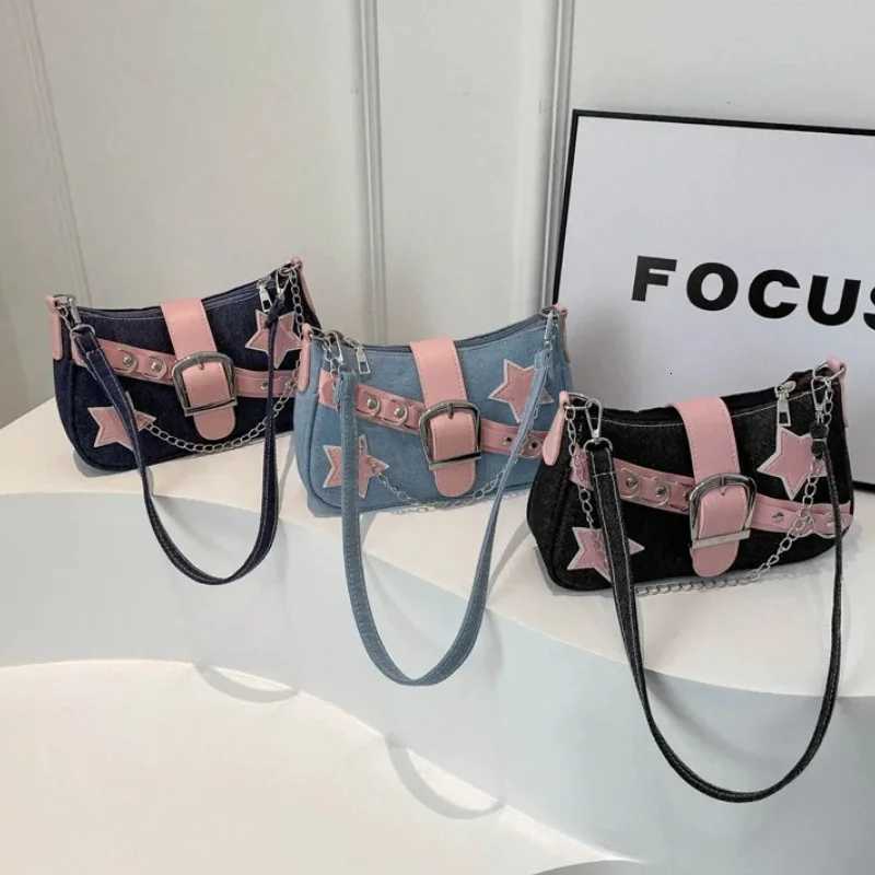 Y2k Cool Hot Girls Denim Shoulder Bags Vintage Rivet Star Womens Chain Underarm Bag Contrasting Color Female Portable HandbagT251020