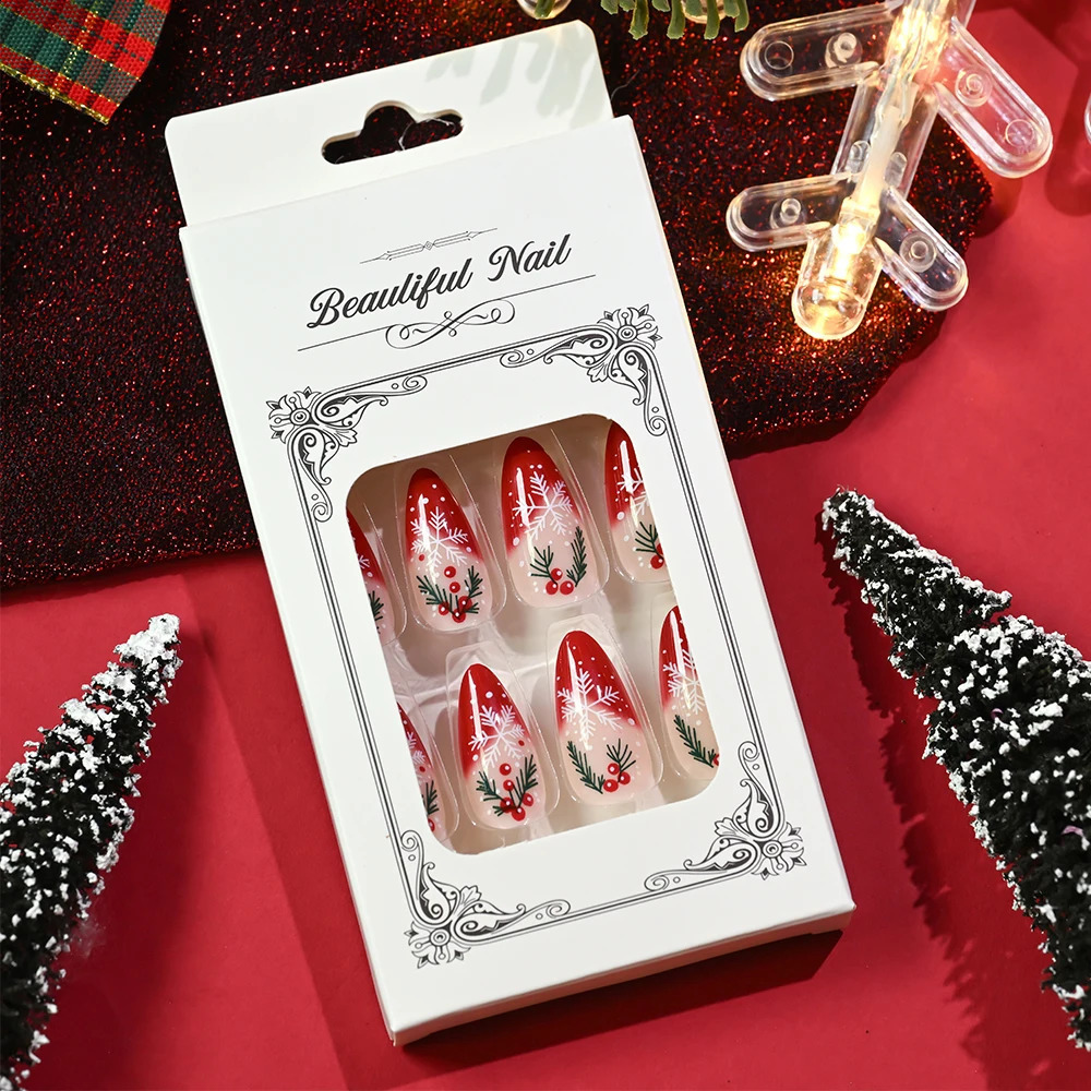 24pcs Christmas Press On Nails Almond French False Nail with Snowflake Holly Leaf Acrylic Full Cover Fake Nail Extension 251014