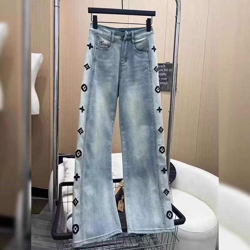 Women's Vintage Washed Jeans with Side Embroidery and Jacquard - 2025 Spring High-Waisted Straight-Leg Wide-Leg Pants