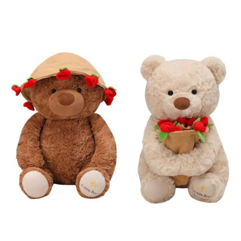 Kawaii Roses Bear Plush Toy Soft Bear Wear Rose Hat Stuffed Doll Romantic Gift for Lover Home Decor Valentines Day Gifts J251020