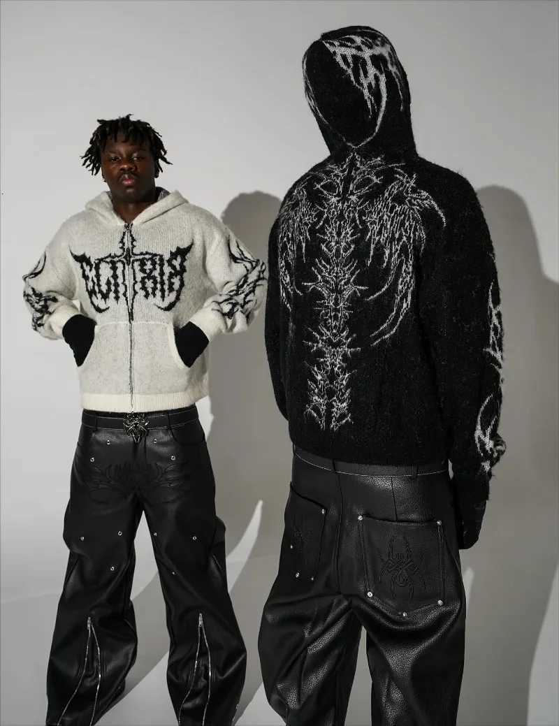 New Y2K trendy fashion bramble pattern hoodie European American high street rock casual punk black white couple hoodie W251020