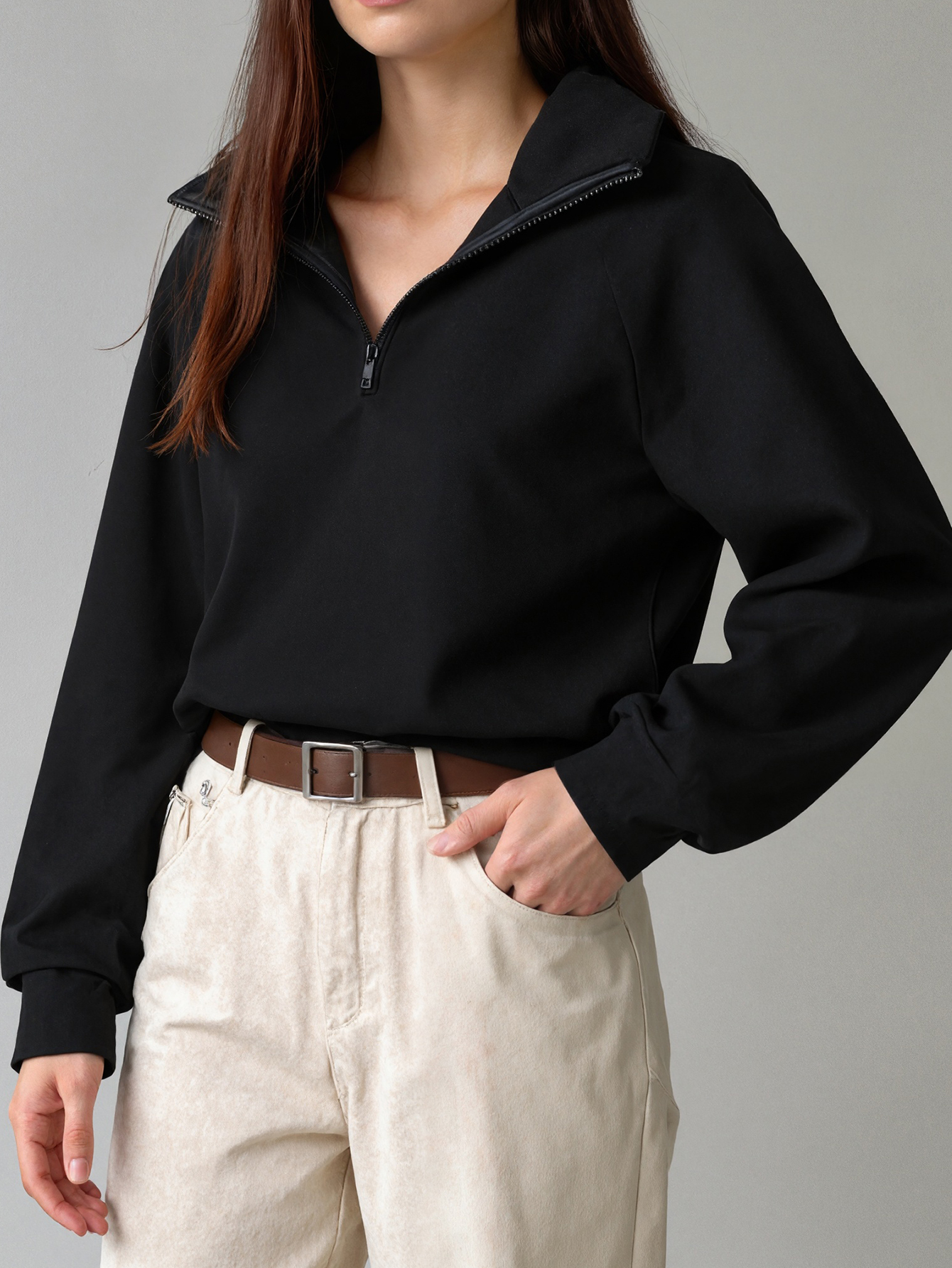 Women's Autumn & Winter Fashion Black Zipper Stand Collar Sweatshirt, Casual Commute & Office Japanese Style Pullover-CF56377