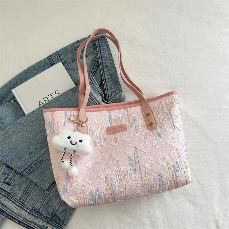 Leisure Commuting Large Capacity Bag for Women New Fashion College Student Class Shoulder Bag Striped Embroidered Tote BagsT251020