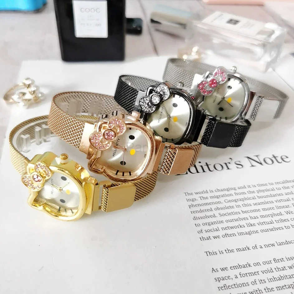 Sanrio Kawaii Hello Kitty Watch Metal Vintage Diamond Bow Ladies Watch Kawaii Girl Birthday Cartoon Anime Student Magnet Strap Gifts L251020