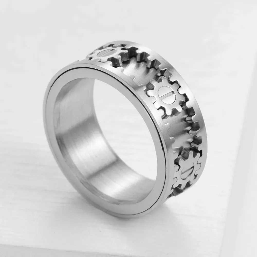 Time to Run Mens Titanium Steel Gear Ring Womens Steelcolored Rotatable Antianxiety Ring J251020