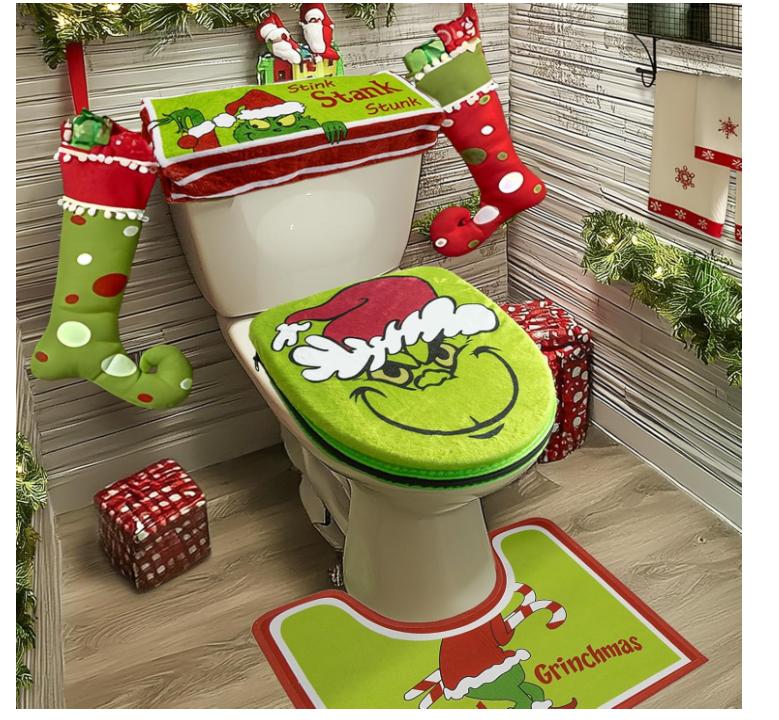 Christmas Decorations Xmas Bathroom Sets Grinch Green Monster Toilet Seat Cover and Rug for Indoor Home Bathroom Sets of 4 pcs (Red - Green) FY1045