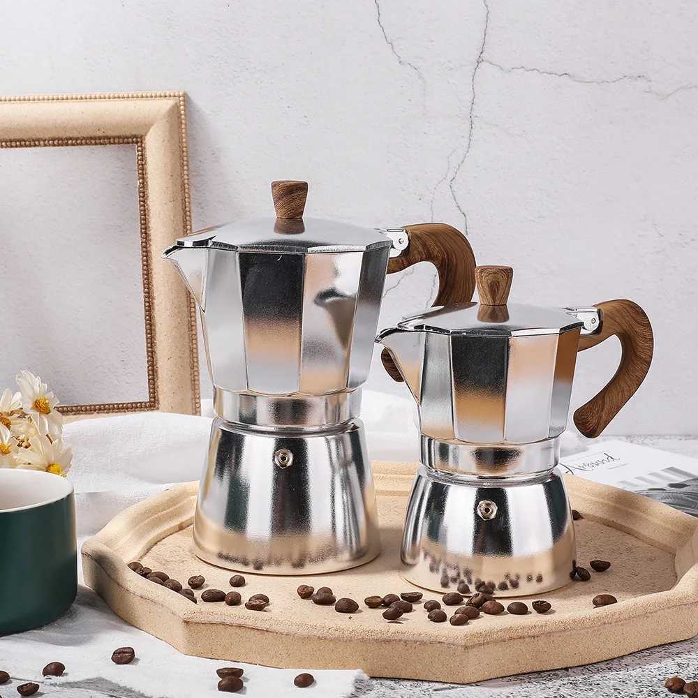 150300ML Mocha Coffee Pot Stovetop resso Maker Aluminum Silver Coffee Percolator He Moka Pot Camping Kitchen Utensils Y251020