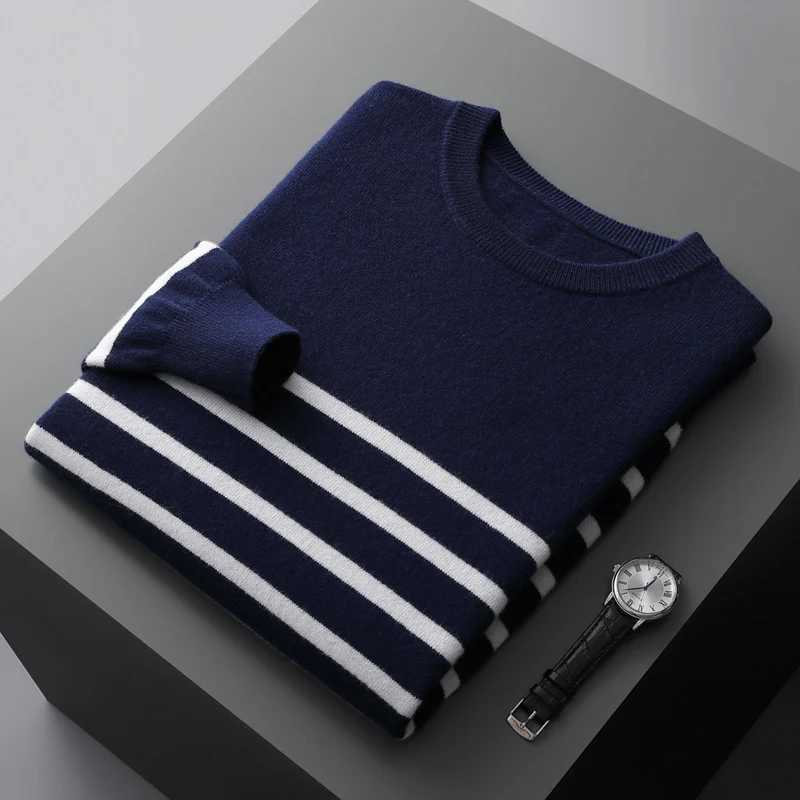 New 100 Merino Wool Knitted Pullover 2025Autumn Man O-Neck Striped Thick Sweater Fashion Loose Joker Youth Tops Warm Base ShirtT251103