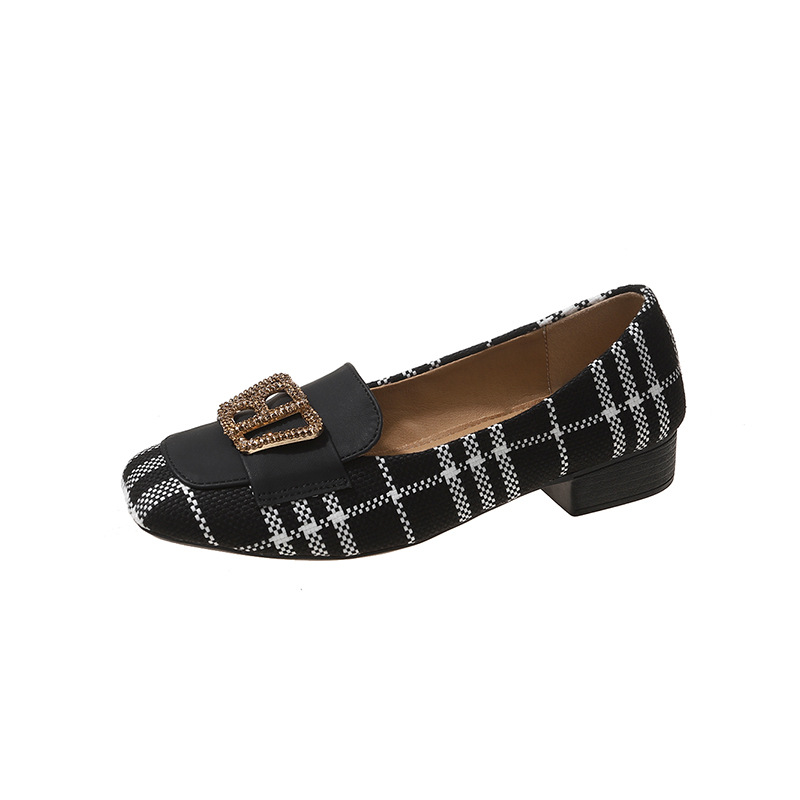 Elegant and versatile women's checkered color blocked high heels 2025 new arrivals fashionable and versatile metal buckle thick heel women's