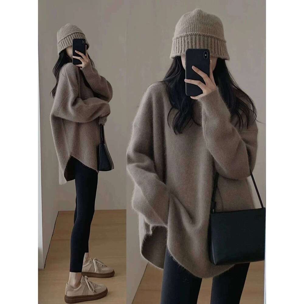 Women's Lazy Kaze Jun Mountain Cashmere Sweater Round Neck Loose Long Hem Split Skirt Thickened Knitted Bottoming Shi 251020 251020