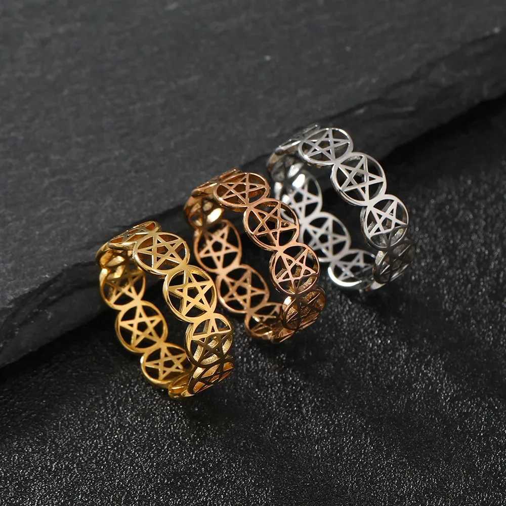 YILUOCD Stainless Steel Pentacle Ring Geometric Pentagram Ring for Women Wicca Protection Amulet Hollow Star Christmas Jewelry J251020