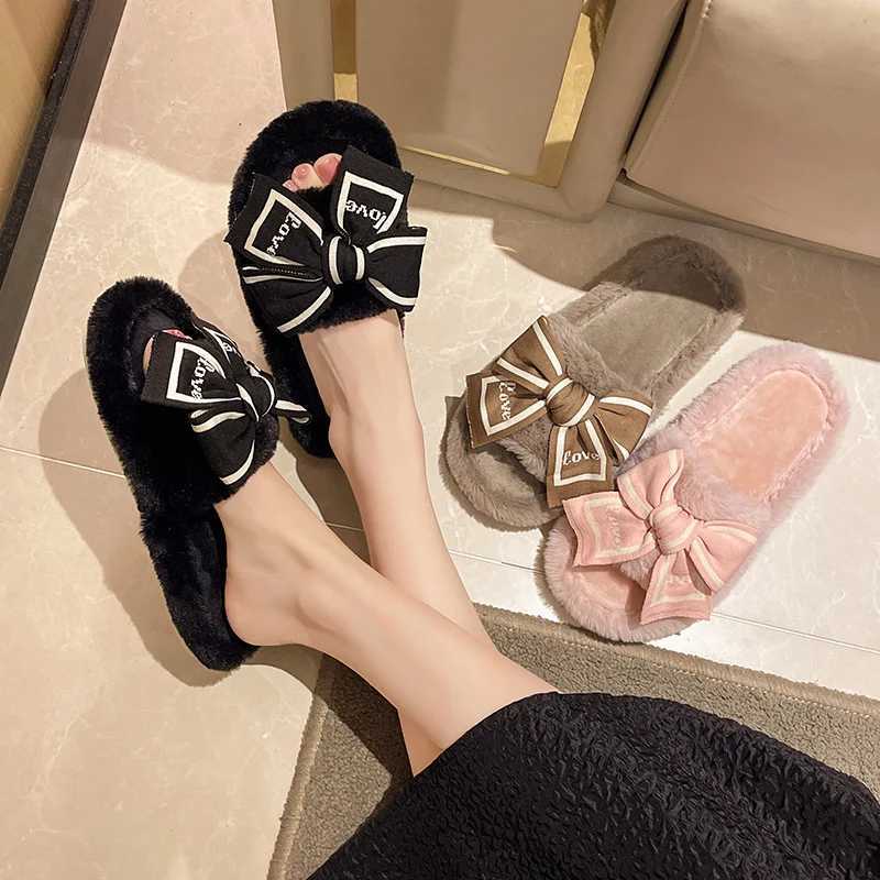 Casual Fluffy Slippers Women House Flats Fashion Winter Bowknot Love Designer Shoes Ladies Home Plush Platform Elegant Footwear Z20251020