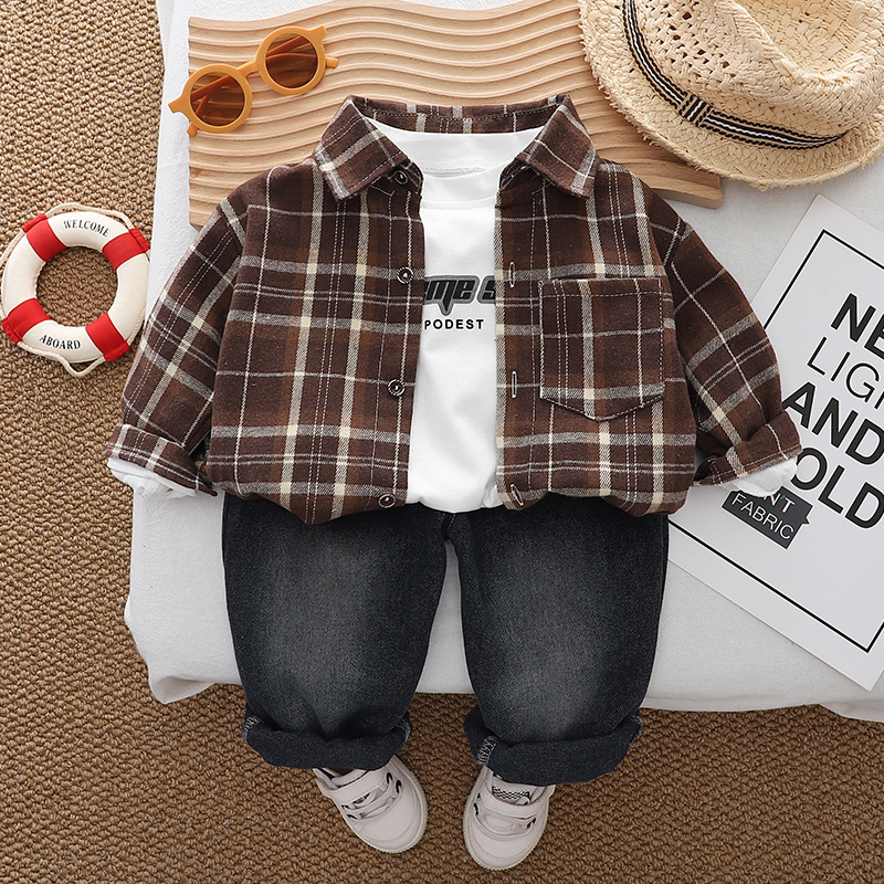 2025 new hot selling western-style checkered shirt, handsome and fashionable casual pants for little boys, three piece set for boys, free shipping des