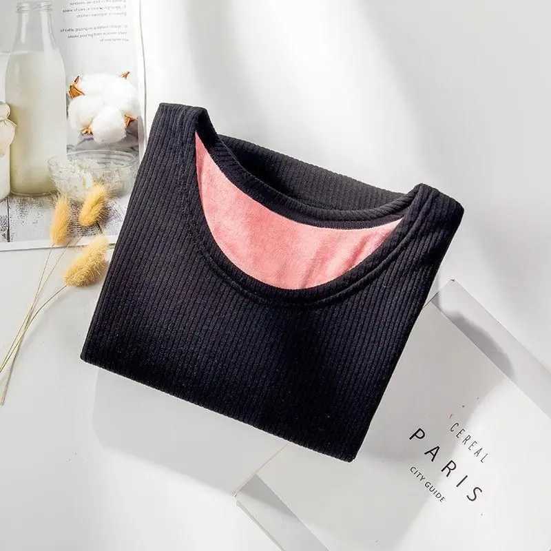 Womens Winter New Self Heating Round Neck Slim Fit Versatile Top Underlay with Plush Thickened Thermal UnderwearT251020