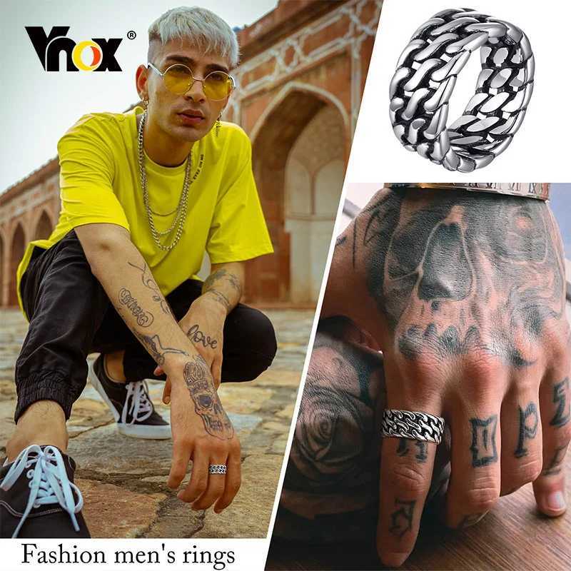 Vnox Dual Cuban Chain Ring for Men10mm Stainless Steel Retro Finger Band Black Metal Hollow Punk Vintage Ring J251020
