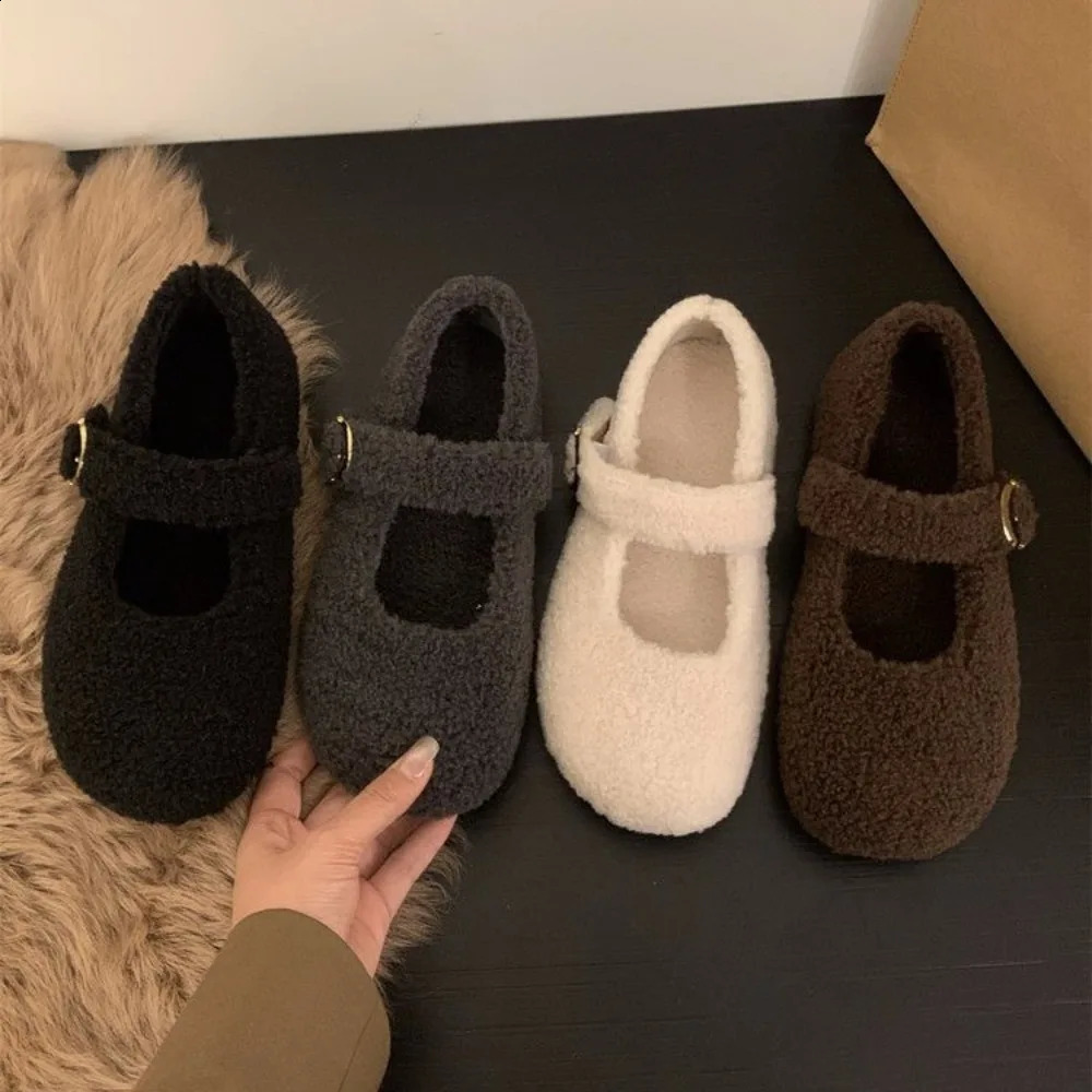 Fashion Square Toe Fleece Flet Ballet Flats Woman Winter Warm Wool Mary Jane Shoes Ladies Elegant Plush Loafers 251013