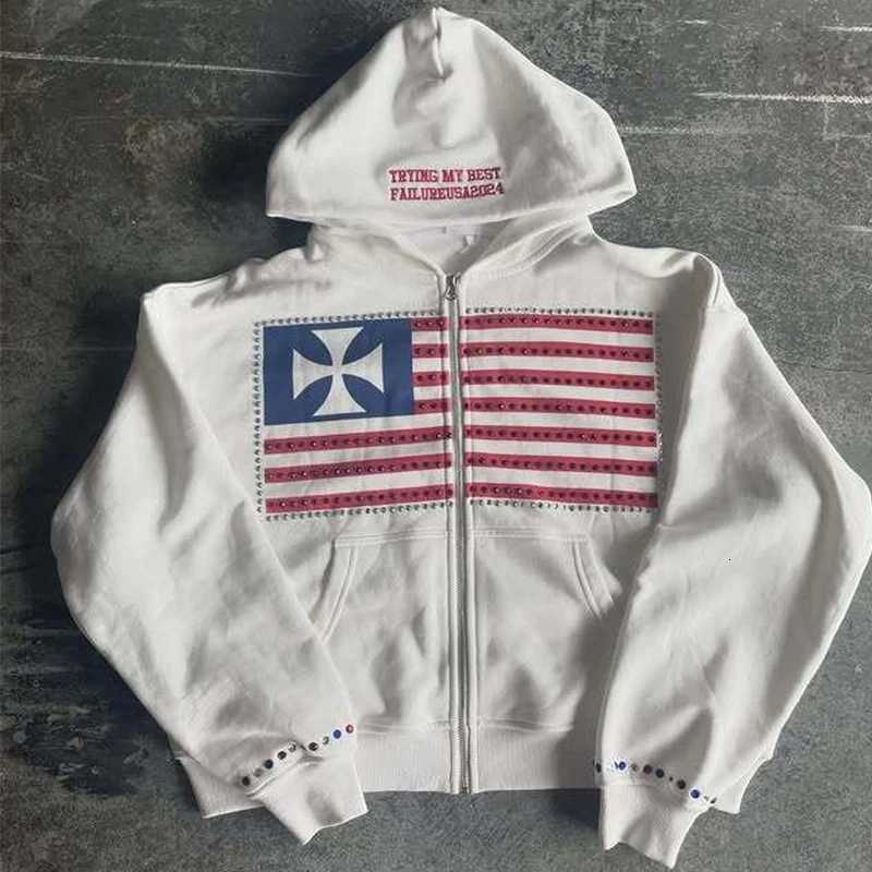 Y2K European American Fashion Flag Printed Aesthetics Long Sleeve Zipper Color Rhinestones Top Loose Casual Design Women Hoodie W251020
