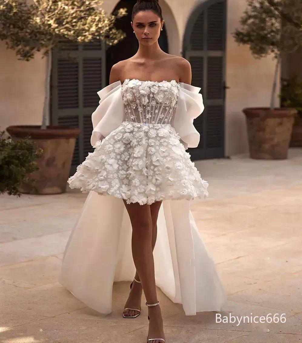 Short Wedding Dress with Detachable Train Off Shoulder 3D wers Lace Bridal Gowns for Women Bride Backless Lace-up Civil Vestiods De Noiva